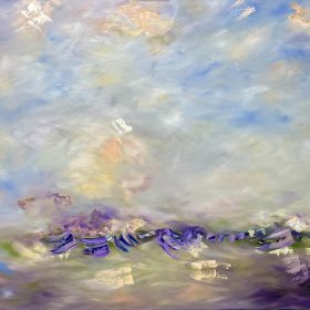 Abstract sea oil painting with lavender mauve green colours